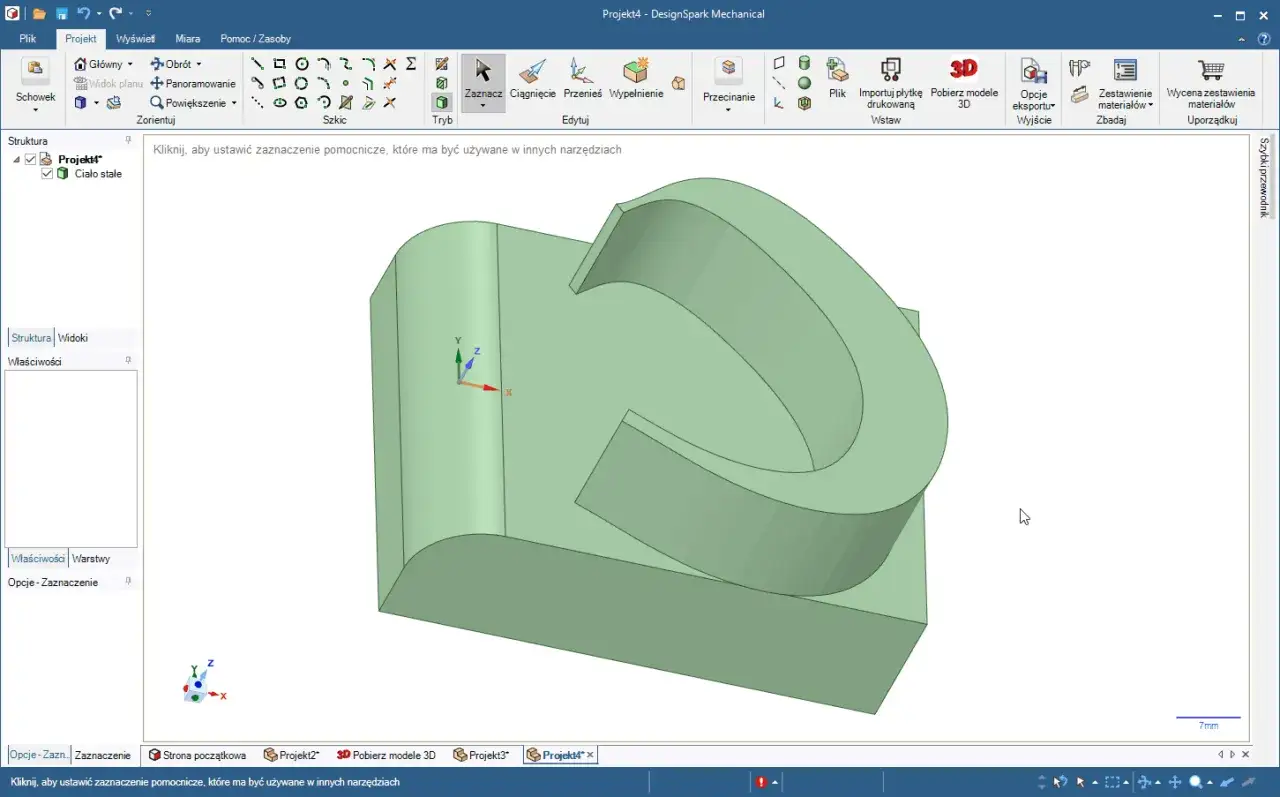 Projekt 3D w programie darmowy CAD. Widoczny zielony model bryły, narzędzia do edycji i struktury projektu.