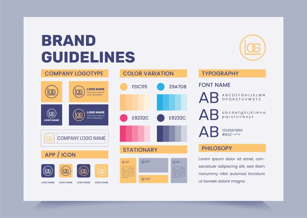 Zasady brandbook: logotypy, paleta kolorów, typografia, materiały piśmiennicze i filozofia marki.