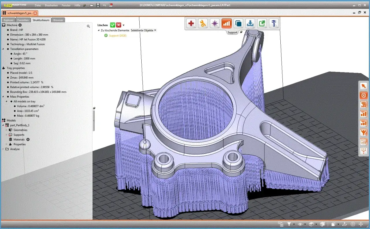 Model 3D części mechanicznej w programie CAD, przygotowany do druku 3D, z widocznymi podporami.