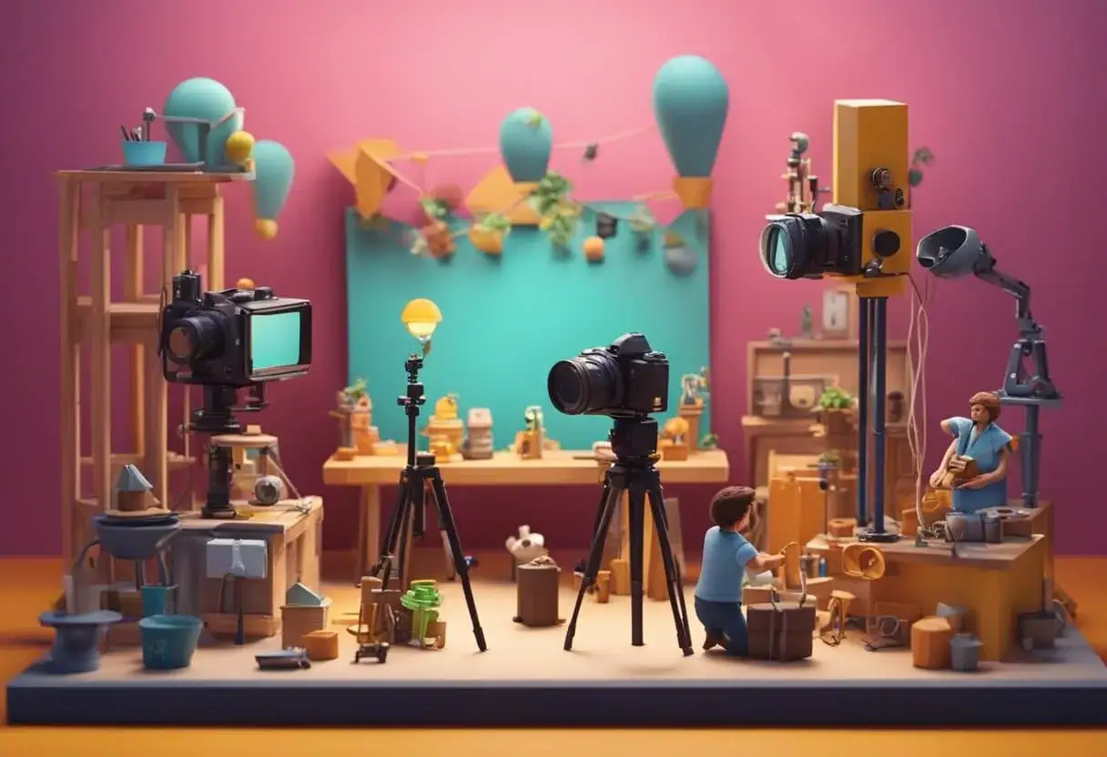 Scena do animacji poklatkowej: kamery, statywy, lampy i małe figurki ludzi tworzą miniaturowy plan filmowy.
