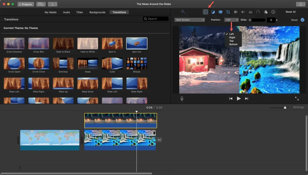 Edytor iMovie pokazuje opcje przejść. Wybrano