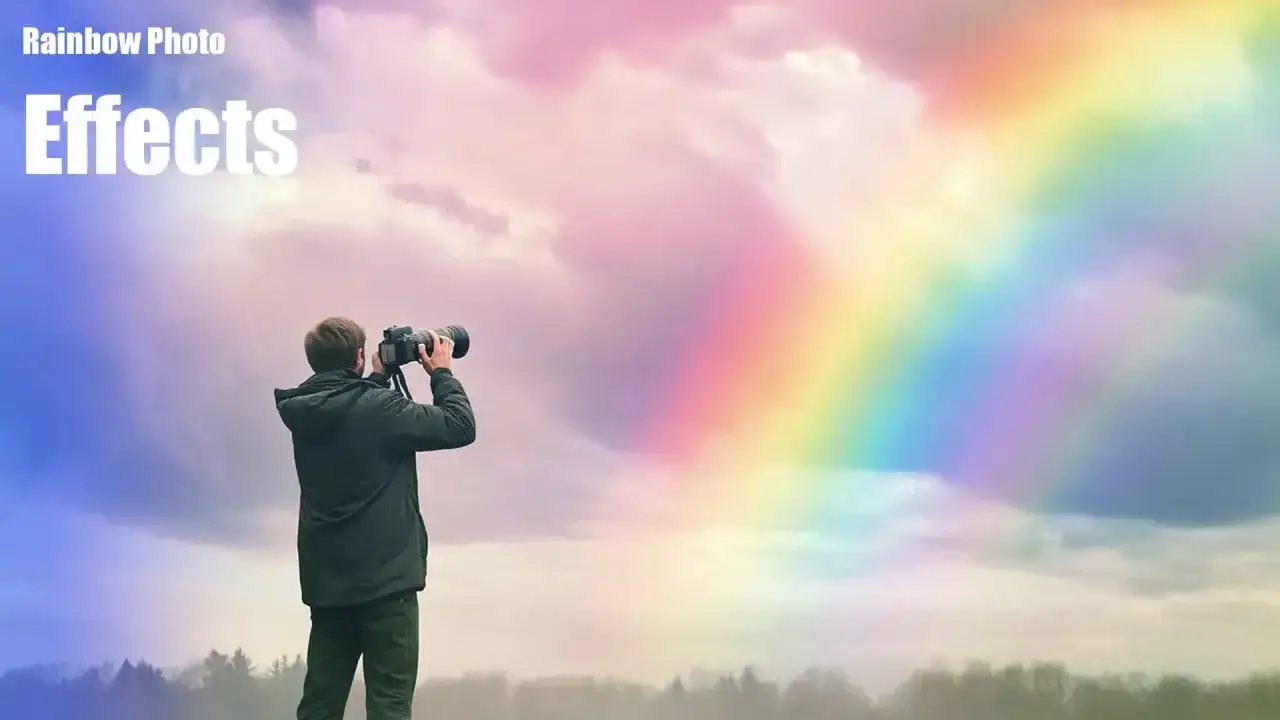 Mężczyzna z aparatem fotografuje niebo, na którym widać piękną tęczę pełną kolorów.