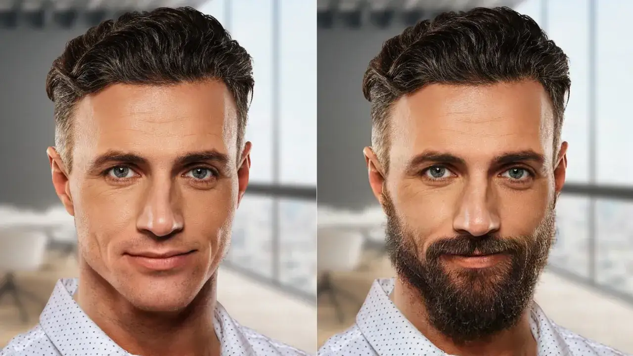 Porównanie twarzy mężczyzny przed i po dodaniu brody za pomocą FaceApp.