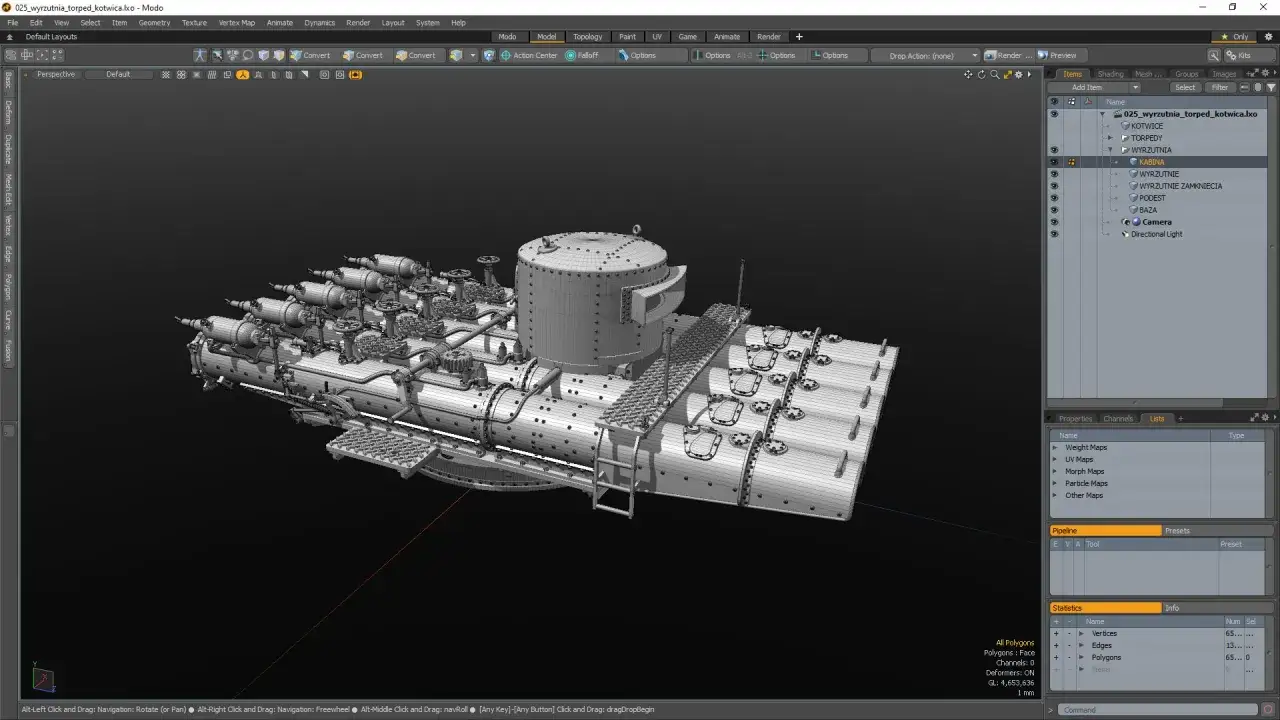 Model okrętu podwodnego z wyrzutniami torped, tworzony w programie blender.