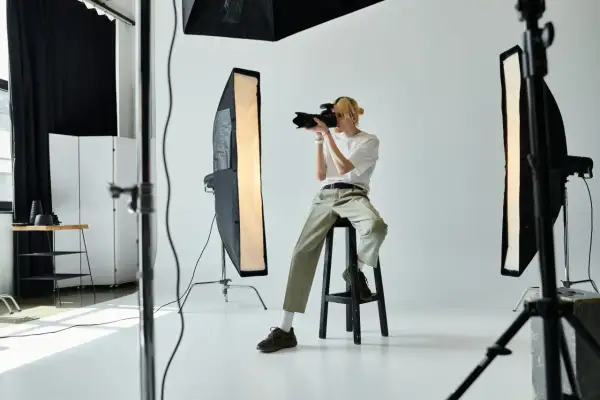 Młody fotograf z blond włosami, siedząc na stołku, robi zdjęcie aparatem. W studiu widać lampy i sprzęt. Zastanawiasz się, ile zarabia fotograf?