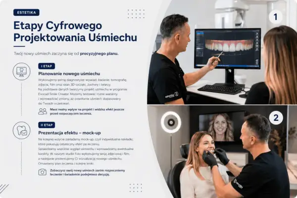 Dentysta pokazuje pacjentce cyfrowy projekt uśmiechu na monitorze. Widoczny jest piękny, naturalny uśmiech.