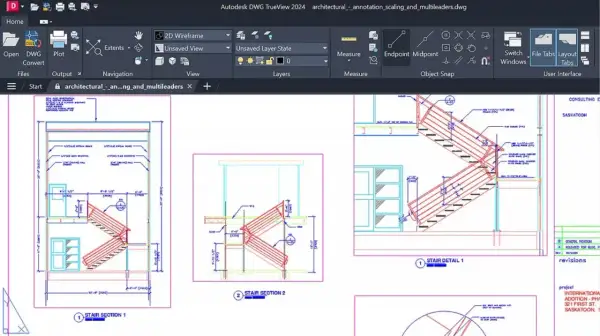 Widok schodów w programie DWG TrueView po polsku. Detale architektoniczne schodów i ich sekcje.
