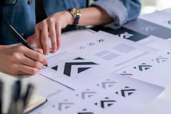 Osoba szkicuje logo wektorowe na papierze, otoczona wieloma wydrukami tego samego projektu.