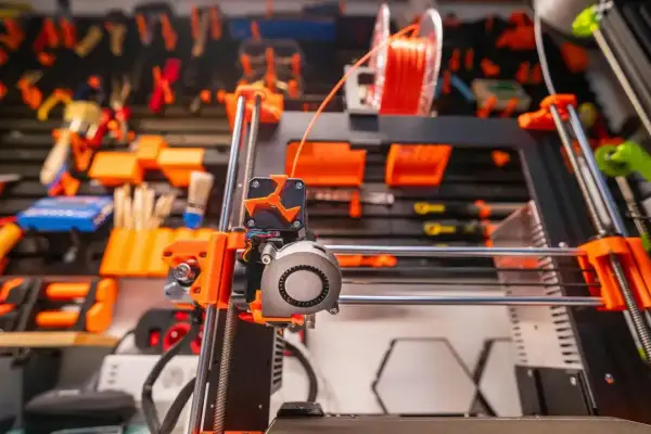 Drukarka 3D z pomarańczowymi elementami i szpulą filamentu. Optymalna temperatura dla PETG jest kluczowa dla udanych wydruków.