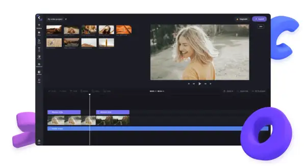 Edytor wideo z interfejsem podobnym do adobe creative, prezentujący projekt z klipami wideo, ścieżką muzyczną i podglądem.