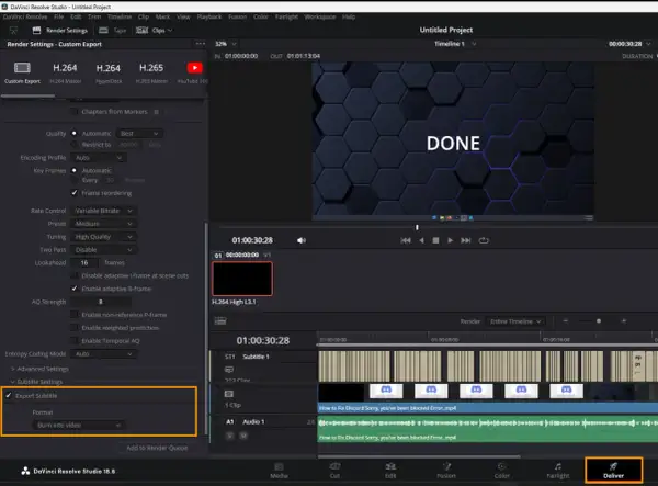 Ustawienia eksportu w DaVinci Resolve po polsku: zaznaczono "Export Subtitle" i wybrano "Burn into video".