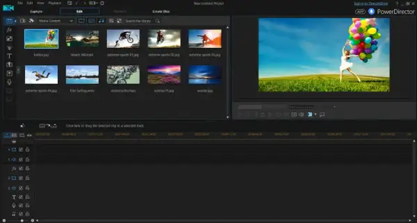 Interfejs programu PowerDirector z widokiem biblioteki multimediów i podglądem wideo. Użytkownik przygotowuje projekt, wybierając klipy.