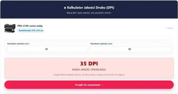 Kalkulator jakości druku (DPI) pokazuje 35 DPI dla wydruku 70x50 cm, co oznacza niską jakość.