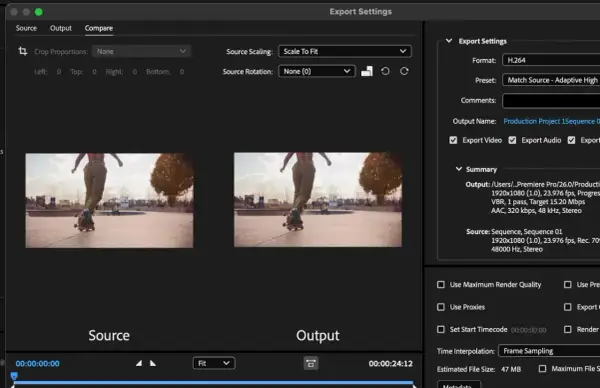 Porównanie źródła i wyjścia w Adobe Media Encoder. Widok porównawczy z rolkarzem na rolkach.
