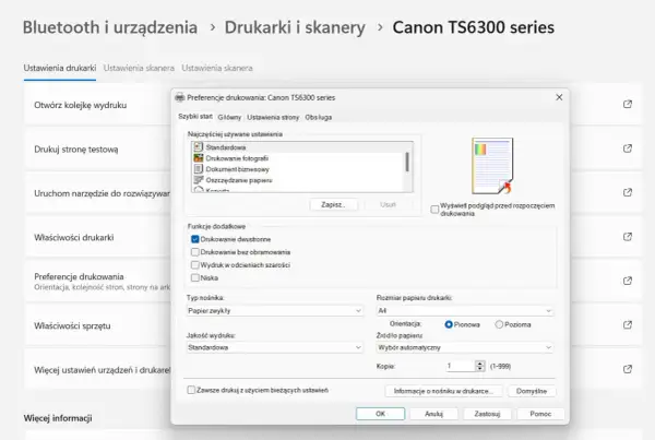 Ustawienia drukowania dwustronnego w oknie preferencji drukarki Canon TS6300. Zaznacz pole "Drukowanie dwustronne", aby dowiedzieć się, jak drukować dwustronnie.