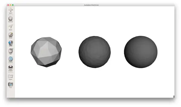 Trzy modele 3D: wielościan, gładka kula i lekko chropowata kula. Program Autodesk Meshmixer pozwala na import i edycję plików stl.