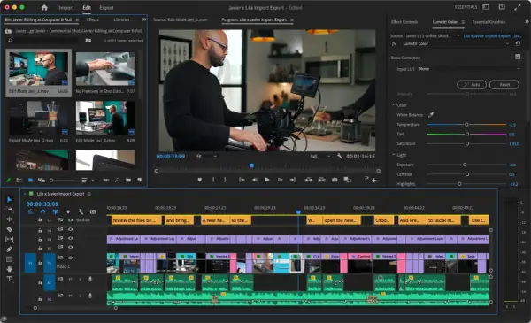 Edycja w **Premiere Pro**: montażysta pracuje nad projektem, widać okna podglądu, osi czasu i panel efektów Lumetri Color.