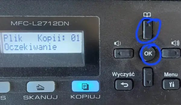 Przyciski "OK" i "Menu" na drukarce Brother MFC-L2712DN, pomocne gdy zastanawiasz się, jak zresetować drukarkę brother.
