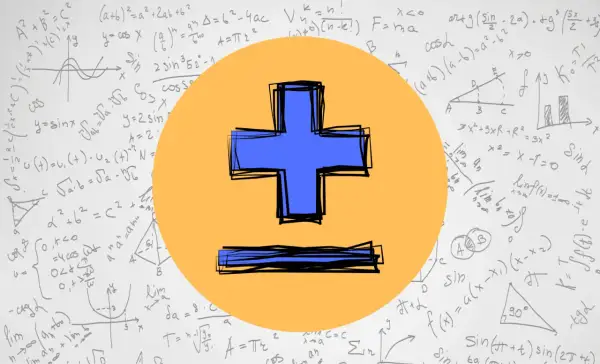 Niebieski plus minus symbol na tle równań matematycznych.