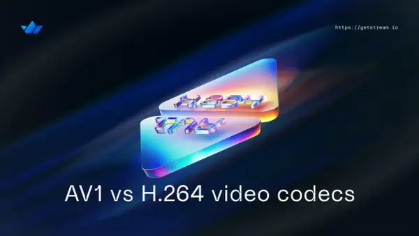 Porównanie kodeków do filmów: AV1 vs H.264. Trójwymiarowe litery AV1 i H.264 na błyszczących, kolorowych platformach.