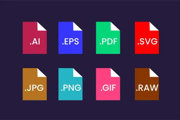 Ikony plików graficznych: .AI, .EPS, .PDF, .SVG, .JPG, .PNG, .GIF, .RAW.