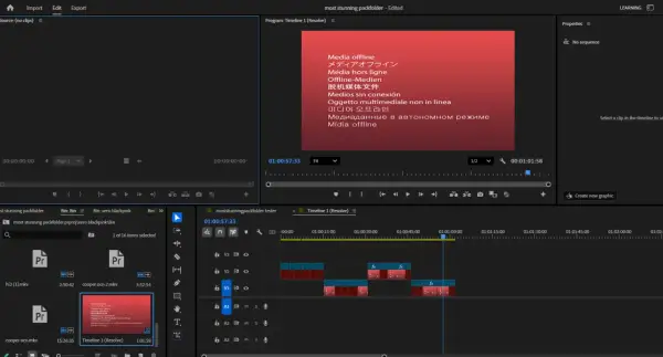 Edytor wideo Adobe Premiere Pro z widocznym komunikatem "Media offline" w różnych językach. Cena programu jest atrakcyjna dla twórców.