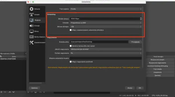 Ustawienia OBS: bitrate obrazu 4500 Kbps, enkoder Programowy (x264). Konfiguracja nagrywania ekranu.