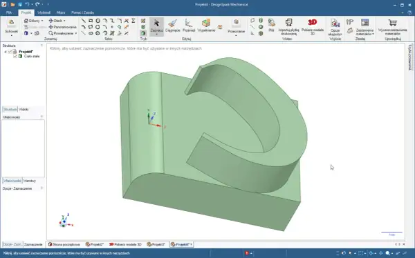 Projekt 3D w programie darmowy CAD. Widoczny zielony model bryły z zaznaczonymi osiami współrzędnych.