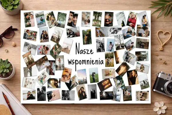 Kolarz zdjec z napisem "Nasze wspomnienia". Kolaż zawiera wiele zdjęć par, rodzin i przyjaciół w różnych sytuacjach.