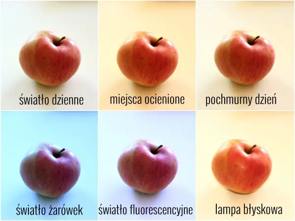 Jabłka w różnych warunkach oświetleniowych. Różnice w kolorze i cieniach pokazują, jak światło wpływa na współczynnik załamania światła i odbicie.