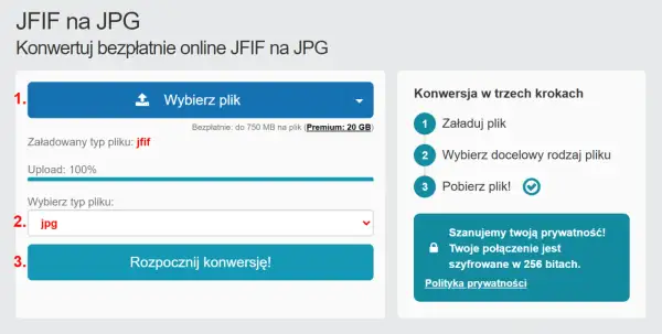 Konwerter online JFIF na JPG. Wybierz plik JFIF, ustaw format JPG i rozpocznij konwersję. Bezpieczne i szybkie.