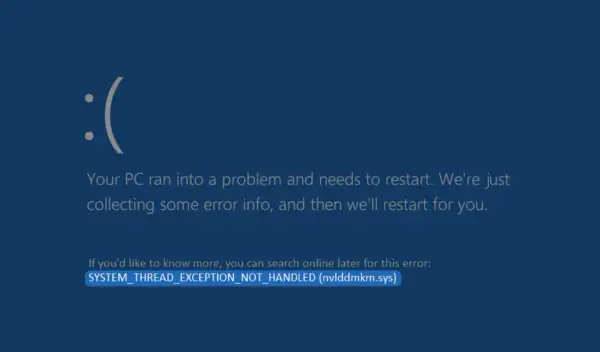 Niebieski ekran śmierci Windows z komunikatem o błędzie SYSTEM_THREAD_EXCEPTION_NOT_HANDLED (nvlddmkm.sys), wskazującym na problem z wideo tdr failure.