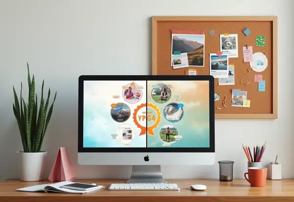 Cyfrowa vision board na ekranie komputera, pełna inspirujących zdjęć i celów. Obok tablica korkowa z przypiętymi fotografiami i notatkami.