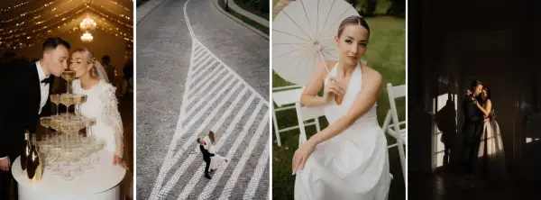Kompozycja otwarta: para całuje się przy wieży kieliszków, tańczy na ulicy, siedzi z parasolką i przytula się w cieniu.