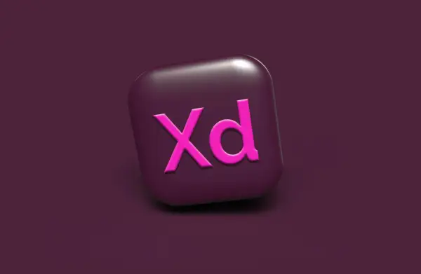 Ikona Adobe XD w kolorze fuksji na ciemnofioletowym tle. Narzędzie do projektowania interfejsów.