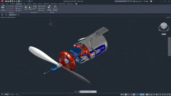 Silnik lotniczy z łopatami śmigła, szczegółowo odwzorowany w programie AutoCAD. Możesz stworzyć podobne projekty, szukając "autocad za darmo".