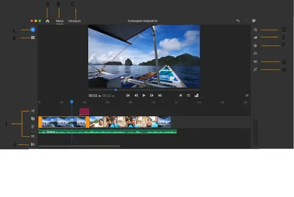 Edycja wideo w Adobe Premiere Rush: widok z łodzi na morze i wyspy, oś czasu z klipami.