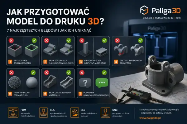 Poradnik "Jak przygotować model do druku 3D?" z Paliga3D. Ilustracje pokazują błędy i poprawne rozwiązania w modelowaniu 3D.