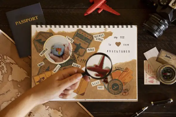 Co to jest scrapbooking? Album z podróżniczymi wspomnieniami: paszport, mapy, znaczki z miastami, globus i samolot.