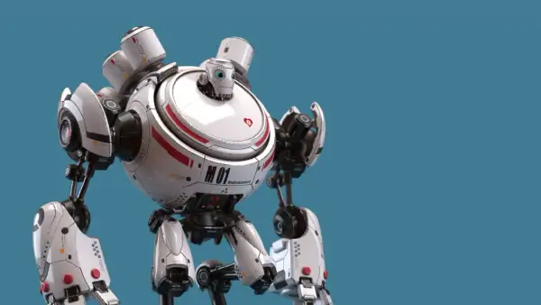 Biały robot z czerwonymi akcentami, stworzony w Substance Designer, z okrągłym korpusem i uroczą głową.