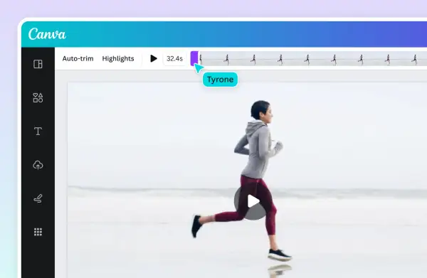 Edytor wideo Canva z funkcją video trimmer. Kobieta biegnie po plaży, a na górze widać pasek postępu z zaznaczonym fragmentem.