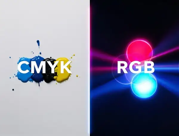 CMYK i RGB – czy czarny to kolor? Plamy tuszu i świetliste kręgi pokazują różnice w modelach kolorów.