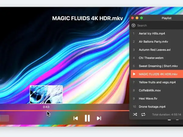 Odtwarzanie pliku MAGIC FLUIDS 4K HDR.mkv z kolorowym, płynnym tłem.